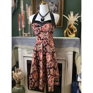 Dress Tells Halter Paisley Fit and Flare Dress Black Pink Small Corset Back